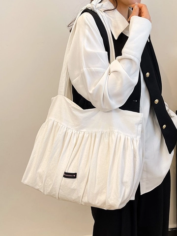 Women Large Capacity Ruched Tote Bag Polka Dot Canvas Shoulder Bag Casual Bow Strap Handbag For Commuting Daily School