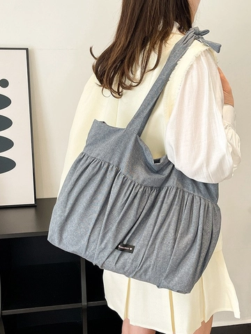 Women Large Capacity Ruched Tote Bag Polka Dot Canvas Shoulder Bag Casual Bow Strap Handbag For Commuting Daily School