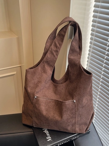 Borsa Tote da Donna in Velluto a Coste Grande Capacità Borsa a Spalla Retrò Con Tasca Frontale Cuciture a Contrasto Borsa Casual