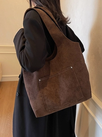 Borsa Tote da Donna in Velluto a Coste Grande Capacità Borsa a Spalla Retrò Con Tasca Frontale Cuciture a Contrasto Borsa Casual