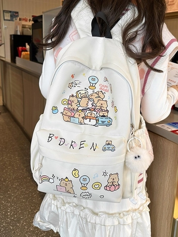 Cute Cartoon Capybara Student Backpack Nylon Waterproof Large Capacity School Bag For Girls Women Casual Travel Rucksack With Plush Pendant