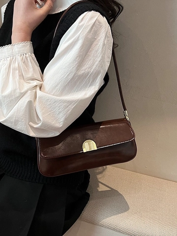 Retro PU Leather Baguette Bag For Women Large Capacity Underarm Shoulder Bag Minimalist Solid Color Purse Gold Hardware