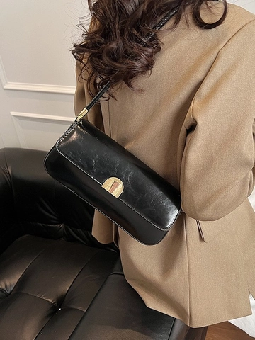 Retro PU Leather Baguette Bag For Women Large Capacity Underarm Shoulder Bag Minimalist Solid Color Purse Gold Hardware