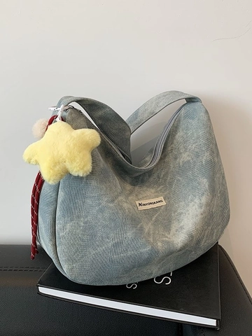Damen Casual Große Kapazität Hobo Tasche PU Leder Gewaschene Denim Textur Schultertasche Umhängetasche Knödeltasche Mit Stern Anhänger