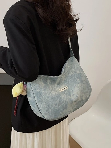 Damen Casual Große Kapazität Hobo Tasche PU Leder Gewaschene Denim Textur Schultertasche Umhängetasche Knödeltasche Mit Stern Anhänger