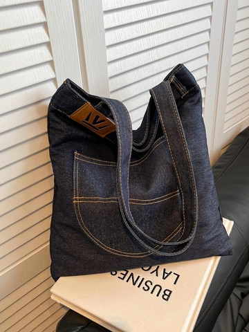 Borsa Tote in Denim da Donna Grande Capacità Con Cuciture a Contrasto Borsa a Spalla Casual Vintage Shopping Bag Quotidiana