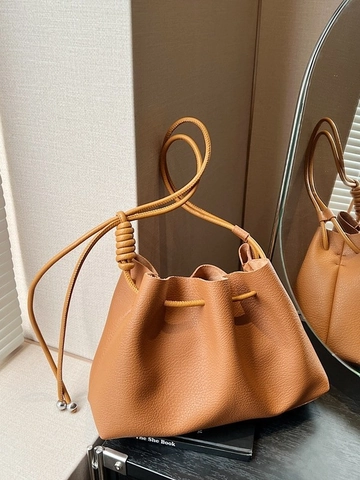 Damen Vintage Plissierte PU Leder Eimertasche Minimalistische Große Kapazität Kordelzug Schultertasche Mit Knotenriemen Pendler Handtasche