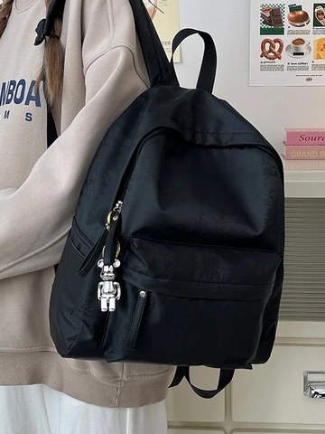 Sac à Dos Femme Mode en Cuir PU Motif Jacquard Botanique Sac d'École Étudiant Léger Sac de Voyage Avec Pendentif Ours