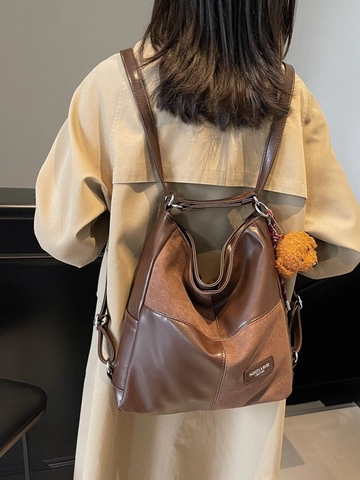 Zaino Tote Vintage Grande Capacità con Cuciture per Donna in Pelle PU Patchwork Scamosciato Borsa a Tracolla con Ciondolo Teddy