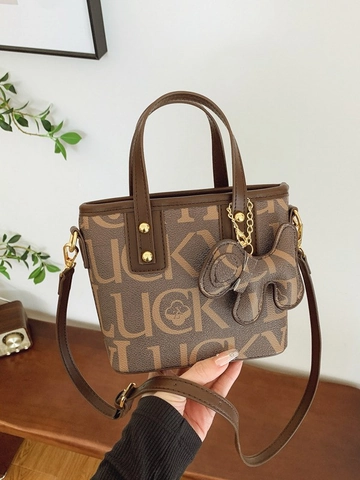 Women Fashion PU Leather Bucket Bag Lucky Letter Print Crossbody Bag Small Tote Handbag With Animal Pendant For Commute