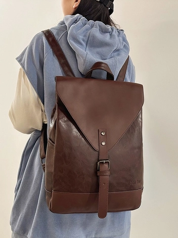 Mochila de Cuero PU Vintage Para Mujeres Hombres Gran Capacidad Bolsa de Escuela Estilo Universitario Daypack Casual Con Hebilla