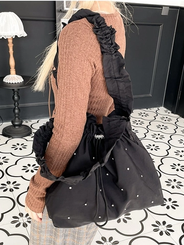 Large Capacity Women Nylon Tote Bag Ruffle Shoulder Strap Rhinestone Decor Casual Student Commute Fashion Shoulder Bag