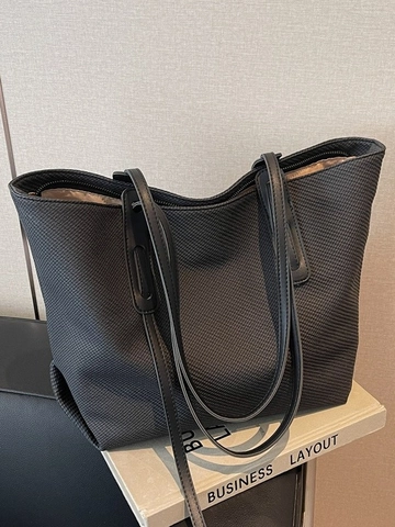 Women's Large Capacity Tote Bag Woven Texture Fabric Shoulder Bag With PU Leather Handle Solid Color Casual Commuter Handbag