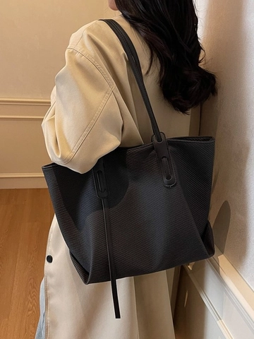 Women's Large Capacity Tote Bag Woven Texture Fabric Shoulder Bag With PU Leather Handle Solid Color Casual Commuter Handbag