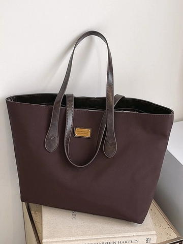 Vintage Τσάντα Tote Μεγάλης Χωρητικότητας για Γυναίκες Μινιμαλιστική Τσάντα Ώμου Patchwork PU Νάιλον Με Μεταλλική Πλάκα και Κρεμαστό