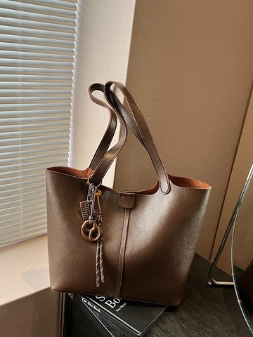 Women Large Capacity PU Leather Tote Bag Fashion Commuter Shoulder Bag Minimalist Solid Color Handbag With Pendant For Daily Work Office Ladies