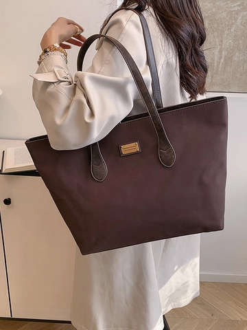 Vintage Τσάντα Tote Μεγάλης Χωρητικότητας για Γυναίκες Μινιμαλιστική Τσάντα Ώμου Patchwork PU Νάιλον Με Μεταλλική Πλάκα και Κρεμαστό