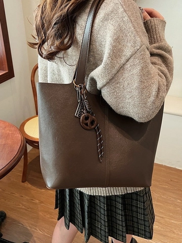 Women Large Capacity PU Leather Tote Bag Fashion Commuter Shoulder Bag Minimalist Solid Color Handbag With Pendant For Daily Work Office Ladies