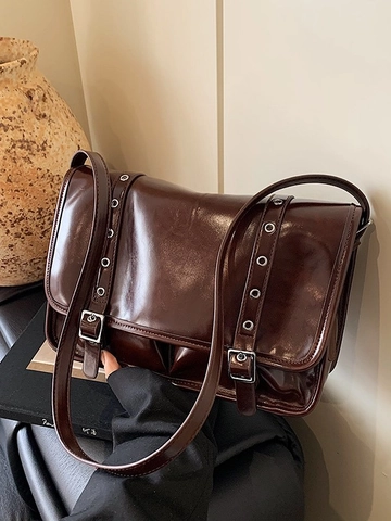 Vintage PU Leather Large Capacity Tote Bag For Women Retro Shiny Underarm Crossbody Bag With Metal Grommets And Buckles Commuting Shoulder Bag