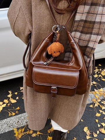 Vintage Women PU Leather Shoulder Bag Large Capacity Contrast Stitching Commuter Hobo Bag Daily Office Fashion Tote