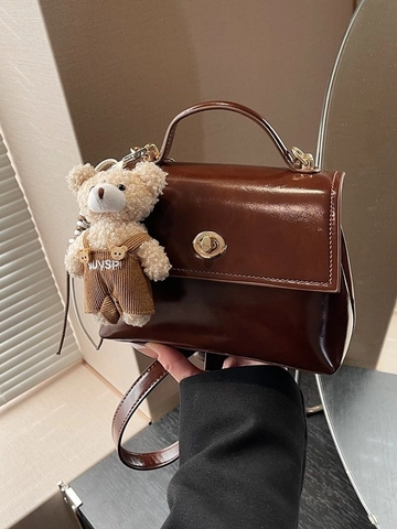 Women Vintage Fashion PU Leather Small Square Crossbody Bag With Bear Keychain Mini Shoulder Bag Casual Handbag For Daily Travel