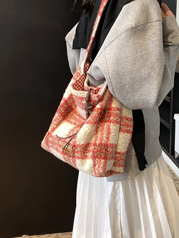 Bolso Tote de Peluche Casual para Mujer Estilo Relajado Sherpa Hombro Rojo Blanco Cuadros Rosa Ligero Gran Capacidad
