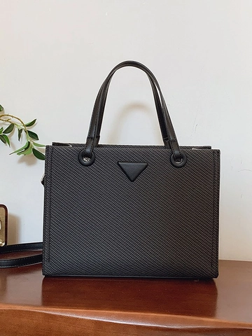Elegant Women Woven Texture Tote Bag Triangle Decor Fashion Handbag Small Crossbody Bag Urban Style Commute Shoulder Purse