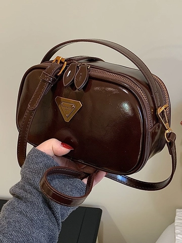 Bolso Bandolera de Almohada en PU Brillante Vintage para Mujer con Logo de Triángulo de Metal Doble Cremallera para Diario
