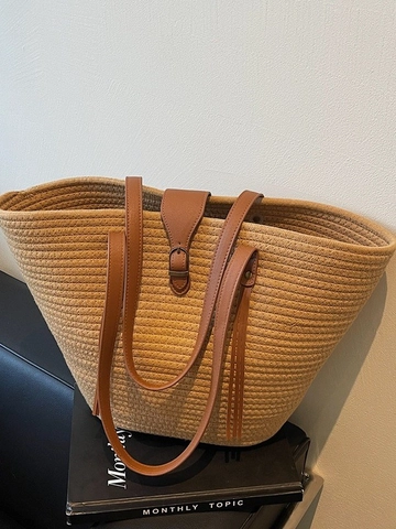 Bolso Tote Tejido de Gran Capacidad para Mujer Bolso de Hombro de Paja Casual Con Borla Vacaciones Playa Bolso de Diario