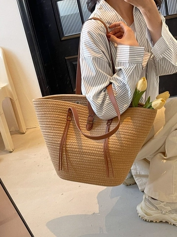 Bolso Tote Tejido de Gran Capacidad para Mujer Bolso de Hombro de Paja Casual Con Borla Vacaciones Playa Bolso de Diario