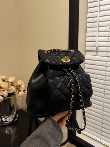 Damen Gesteppt Rucksack Mode PU Leder Mini Tasche Gold Kette Riemen Rautenmuster Elegant Lässig Tagesrucksack