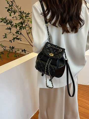Damen Gesteppt Rucksack Mode PU Leder Mini Tasche Gold Kette Riemen Rautenmuster Elegant Lässig Tagesrucksack