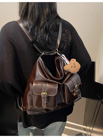 Borsa Hobo in Pelle PU Vintage di Grande Capacità per Donna Cuciture a Contrasto Tasche Multiple Borsa a Tracolla Pendolare con Orsetto