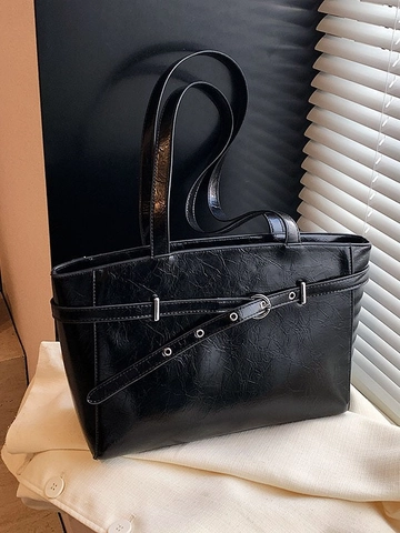 Women Large Capacity PU Leather Tote Bag Vintage Crinkled Texture Commuting Shoulder Bag With Decorative Belt Buckle Handbag