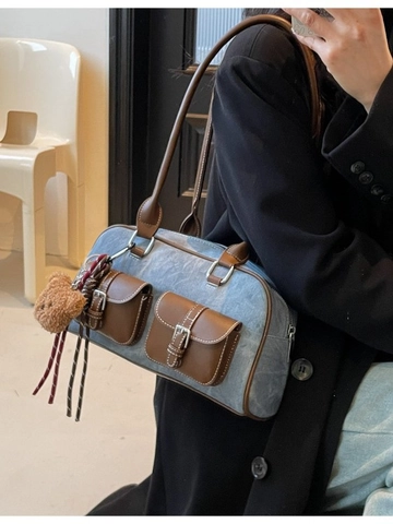 Vintage Denim PU Splicing Tote Bag For Women Large Capacity Contrast Color Shoulder Underarm Bag With Bear Pendant