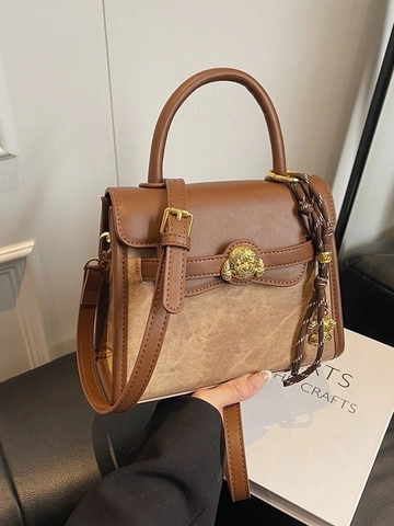 Vintage Color-blocking Dames Handtas PU Leer Kleine Vierkante Tas Forens Crossbody Tas Dierlijke Kop Gesp Schoudertas