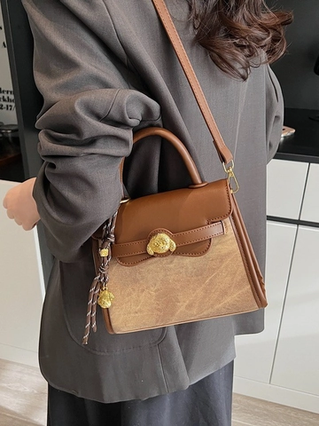 Vintage Color-blocking Dames Handtas PU Leer Kleine Vierkante Tas Forens Crossbody Tas Dierlijke Kop Gesp Schoudertas