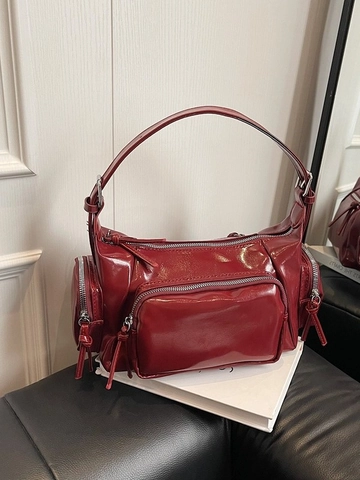 Sac à Épaule en Cuir PU Brillant pour Femmes Design à Poches Multiples Sac à Main Élégant Sac Bandoulière Tendance pour Usage Quotidien Sac Carré Décontracté