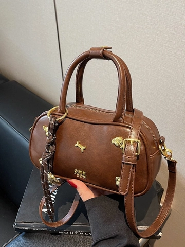 Women Vintage PU Leather Bowling Bag With Metal Dog Bone Decor Mini Boston Handbag Fashion Crossbody Shoulder Bag Daily Satchel