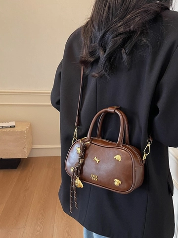 Women Vintage PU Leather Bowling Bag With Metal Dog Bone Decor Mini Boston Handbag Fashion Crossbody Shoulder Bag Daily Satchel