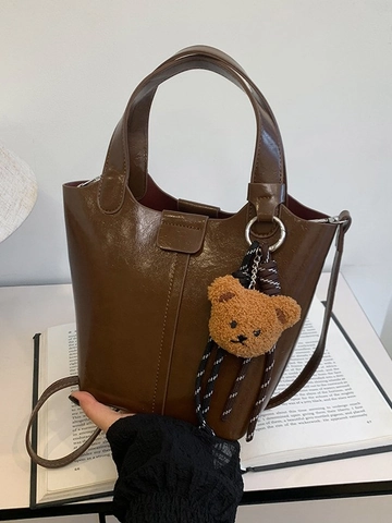 Bolso de Cubo de Alta Gama de Tendencia para Mujer Bolso de Mano de Cuero de PU con Colgante de Oso Correa Única