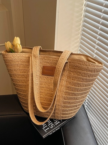 Borsa Tote in Paglia Intrecciata da Donna Grande Capacità Borsa a Tracolla Estiva da Spiaggia con Chiusura Lampo