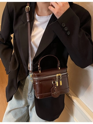Vintage Box Stil PU Leder Umhängetasche Für Damen Luxus Gold Reißverschluss Handtasche Retro Kosmetikkoffer Schultertasche Verstellbar