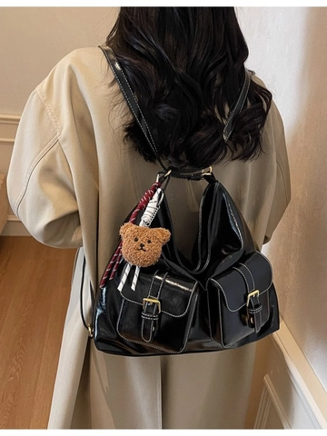 Borsa a Tracolla da Donna Grande Capacità in Pelle PU Hobo Vintage Con Doppie Tasche Cuciture a Contrasto E Ciondolo a Orso