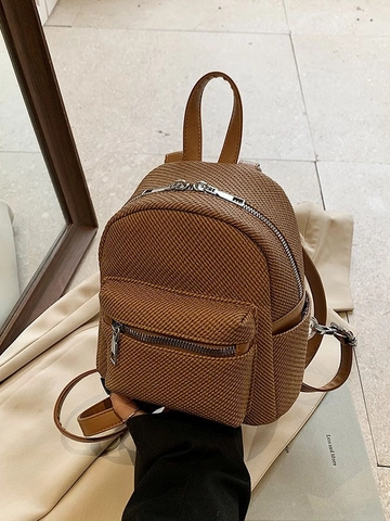 Women's Mini Backpack Retro PU Leather Woven Texture Casual Small Schoolbag For Girls Fashion All-Match Zipper Travel Daypack