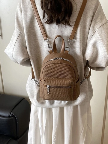 Women's Mini Backpack Retro PU Leather Woven Texture Casual Small Schoolbag For Girls Fashion All-Match Zipper Travel Daypack