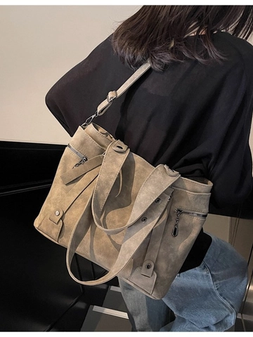 Borsa Tote da Donna Grande Capacità Vintage Pelle PU Opaca Borsa a Tracolla Spalla Rivetti Cerniera Handbag da Pendolare