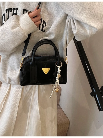 Women Fashion PU Leather Boston Bag Golden Triangle Logo Silk Scarf Pendant Handbag Small Crossbody Shoulder Bag For Daily Use