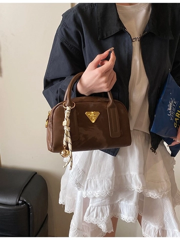 Women Fashion PU Leather Boston Bag Golden Triangle Logo Silk Scarf Pendant Handbag Small Crossbody Shoulder Bag For Daily Use