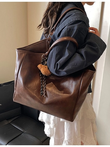 Borsa Tote in Pelle PU di Grande Capacità per Donna Borsa a Spalla Versatile Con Ciondolo a Orsetto per Ufficio e Viaggio